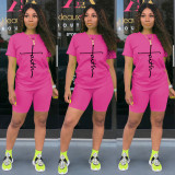 Letter Print T Shirt And Shorts Two Piece Sets TE-2031