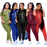 Plus Size Letter Short Sleeve Slash Neck 2 Piece Sets TK-6220