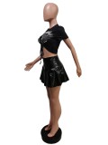 Sexy Printed T Shirt+PU Leather Pleated Mini Skirt 2 Piece Sets MEM-88417