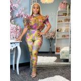 Plus Size Sexy Printed Puff Sleeve Jumpsuit WAF-77423