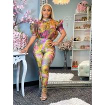 Plus Size Sexy Printed Puff Sleeve Jumpsuit WAF-77423