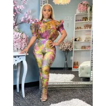 Plus Size Sexy Printed Puff Sleeve Jumpsuit WAF-77423