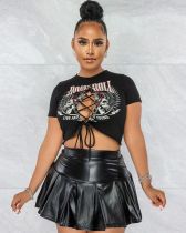 Sexy Printed T Shirt+PU Leather Pleated Mini Skirt 2 Piece Sets MEM-88417