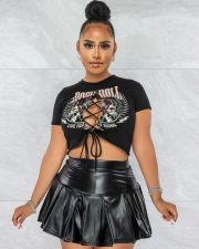 Sexy Printed T Shirt+PU Leather Pleated Mini Skirt 2 Piece Sets MEM-88417