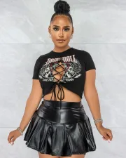 Sexy Printed T Shirt+PU Leather Pleated Mini Skirt 2 Piece Sets MEM-88417