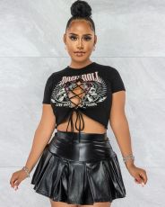 Sexy Printed T Shirt+PU Leather Pleated Mini Skirt 2 Piece Sets MEM-88417