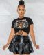 Sexy Printed T Shirt+PU Leather Pleated Mini Skirt 2 Piece Sets MEM-88417