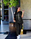 Plus Size Letter Short Sleeve Slash Neck 2 Piece Sets TK-6220