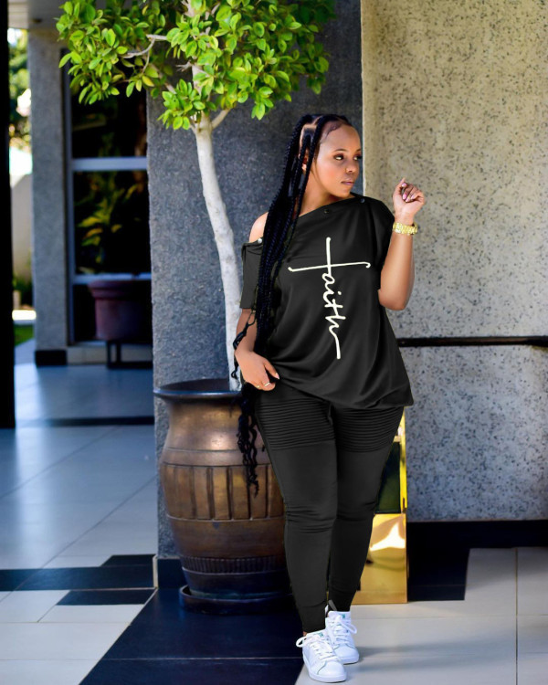 Plus Size Letter Short Sleeve Slash Neck 2 Piece Sets TK-6220