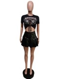 Sexy Printed T Shirt+PU Leather Pleated Mini Skirt 2 Piece Sets MEM-88417