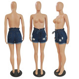 Denim Ripped Hole Edge Curl Jeans Shorts GCNF-0148