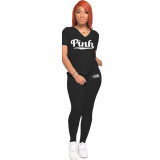 Pink Letter Print V Neck T Shirt And Pants 2 Piece Sets GCNF-0158