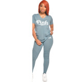 Pink Letter Print V Neck T Shirt And Pants 2 Piece Sets GCNF-0158