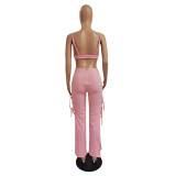 Solid Sexy Pleated Top+Split Pants 2 Piece Sets GCNF-0150