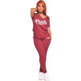 Pink Letter Print V Neck T Shirt And Pants 2 Piece Sets GCNF-0158