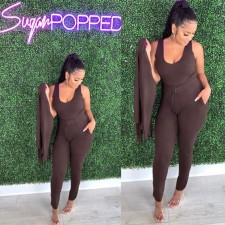 Solid Tank Top+Cloak Coat+Pants 3 Piece Sets GCNF-9908