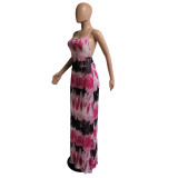 Sexy Mesh Printed Backless Cross Strap Maxi Dress GCNF-0143