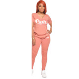 Pink Letter Print V Neck T Shirt And Pants 2 Piece Sets GCNF-0158