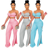 Solid Sexy Pleated Top+Split Pants 2 Piece Sets GCNF-0150