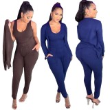 Solid Tank Top+Cloak Coat+Pants 3 Piece Sets GCNF-9908