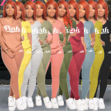 Pink Letter Print V Neck T Shirt And Pants 2 Piece Sets GCNF-0158
