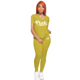 Pink Letter Print V Neck T Shirt And Pants 2 Piece Sets GCNF-0158