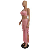 Solid Sexy Pleated Top+Split Pants 2 Piece Sets GCNF-0150
