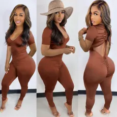 Solid Backless Drawstring Ruched Jumpsuit BGN-229