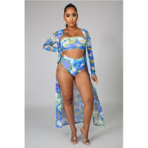 Sexy Printed Bandeau Bikinis With Long Cloak 3 Piece Sets GCNF-0118