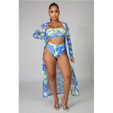 Sexy Printed Bandeau Bikinis With Long Cloak 3 Piece Sets GCNF-0118