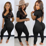 Solid Backless Drawstring Ruched Jumpsuit BGN-229