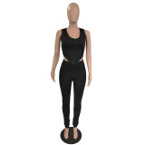 Solid Hooded Sleeveless Top Stacked Pants 2 Piece Sets GCNF-0094