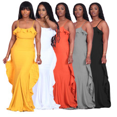 Solid Ruflled Spaghetti Strap Maxi Dress GCNF-0112