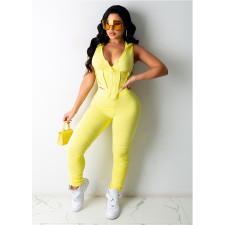 Solid Hooded Sleeveless Top Stacked Pants 2 Piece Sets GCNF-0094