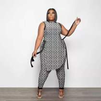 Plus Size Printed Split Sleeveless Top And Pants Set PHF-13268