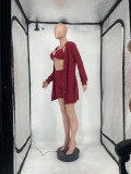 Solid Knitted Full Sleeve Coat+Bra Top+Shorts 3 Piece Sets BLX-8234
