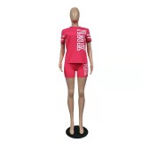 Plus Size PINK Letter Print Short Sleeve Shorts Two Piece Sets XMF-100