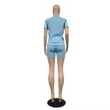 Plus Size PINK Letter Print Short Sleeve Shorts Two Piece Sets XMF-100