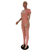 Pink Letter Print V Neck T Shirt And Pants 2 Piece Sets GCNF-0158