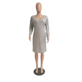 Solid V Neck Long Sleeve Casual Dress GCNF-0083