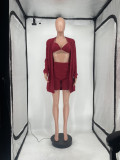 Solid Knitted Full Sleeve Coat+Bra Top+Shorts 3 Piece Sets BLX-8234