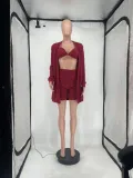 Solid Knitted Full Sleeve Coat+Bra Top+Shorts 3 Piece Sets BLX-8234