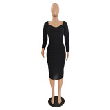 Solid Long Sleeve Slim Midi Dress GCNF-0077