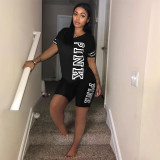 Plus Size PINK Letter Print Short Sleeve Shorts Two Piece Sets XMF-100