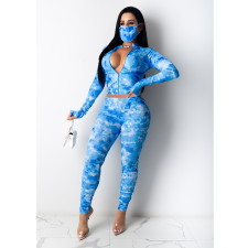 Tie Dye Print Long Sleeve Zipper Two Piece Sets (With Mask) GCNF-0060