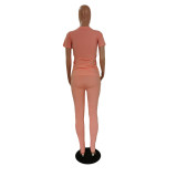 Pink Letter Print V Neck T Shirt And Pants 2 Piece Sets GCNF-0158