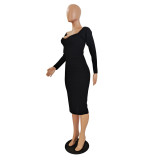 Solid Long Sleeve Slim Midi Dress GCNF-0077