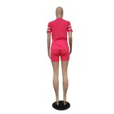 Plus Size PINK Letter Print Short Sleeve Shorts Two Piece Sets XMF-100