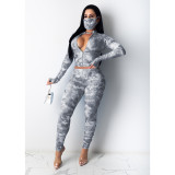 Tie Dye Print Long Sleeve Zipper Two Piece Sets (With Mask) GCNF-0060