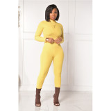 Solid Ribbed Long Sleeve Slim Two Piece Pants Set GCNF-0085